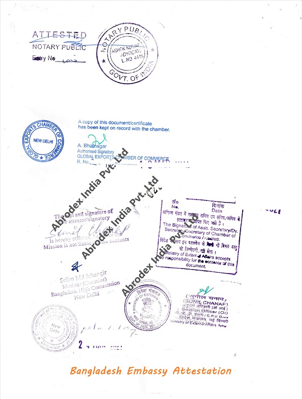 Bill of Lading Attestation from Bangladesh Embassy in India