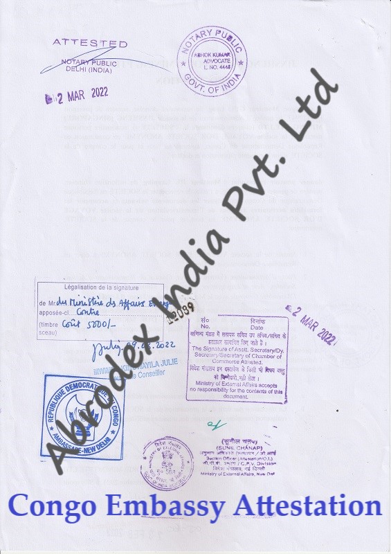 Bill of Lading Attestation from Congo Embassy in India