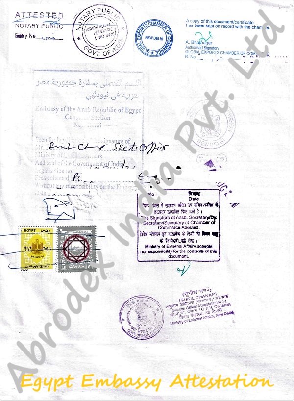 Bill of Lading Attestation from Egypt Embassy in India