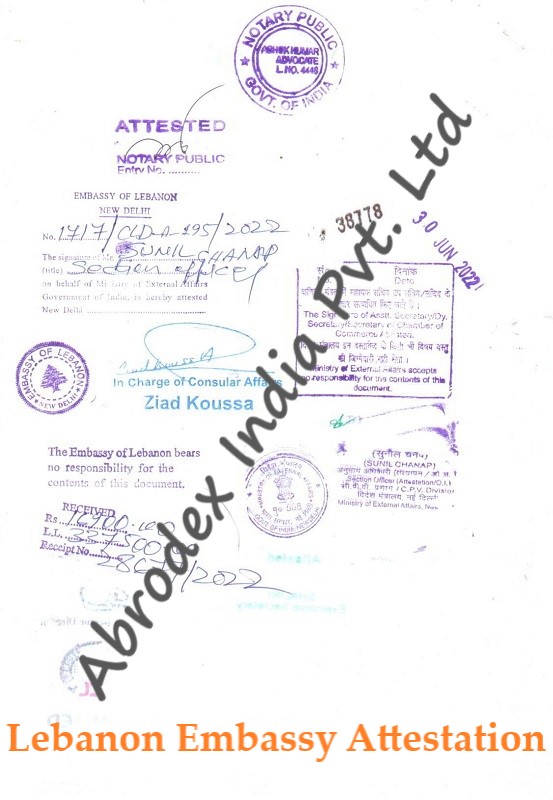 Bill of Lading Attestation from Lebanon Embassy in India