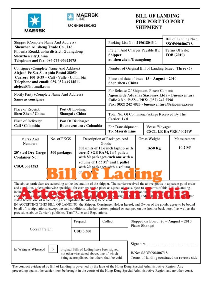 Bill of Lading Attestation from Singapore Embassy in India