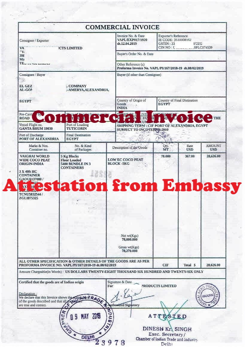 Commercial Invoice Attestation from Burma Embassy in India