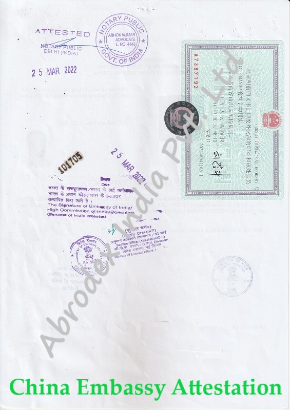 Free Sale Certificate Attestation from China Embassy in India