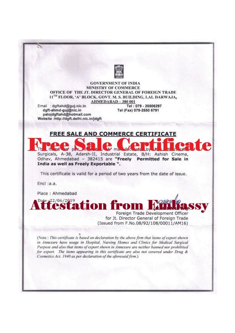 Free Sale Certificate Attestation from Comoros Embassy in India