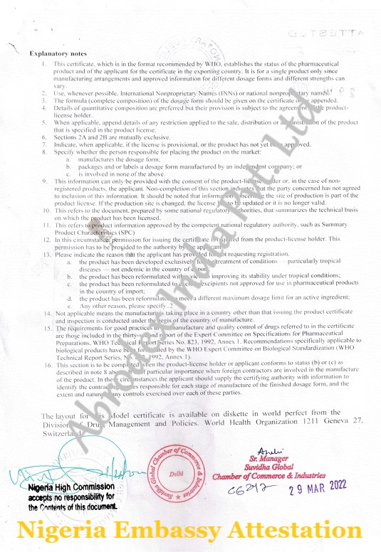 Free Sale Certificate Attestation from Nigeria Embassy in India