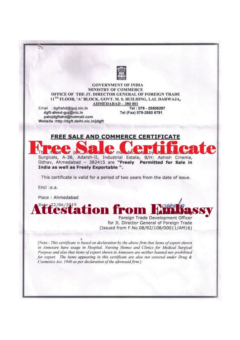 Free Sale Certificate Attestation from Vanuatu Embassy in India
