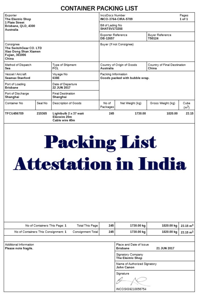 Packing List Attestation from Andorra Embassy in India