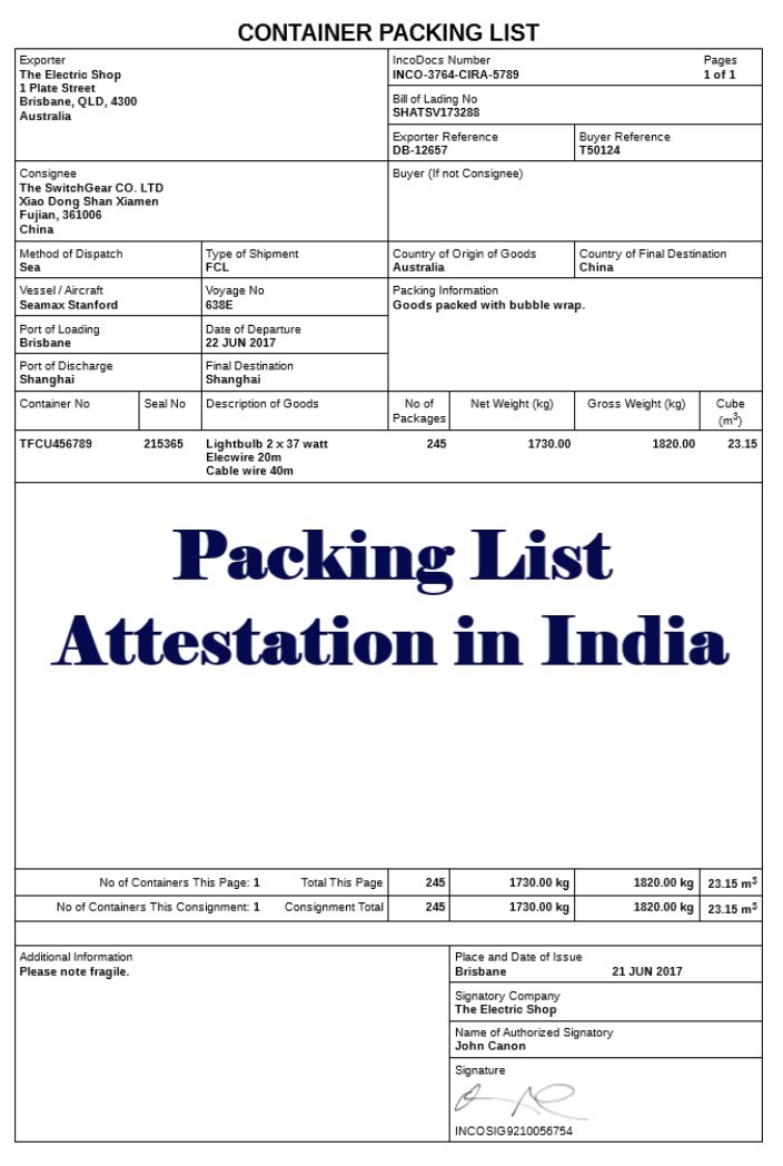 Packing List Attestation from Canada Embassy in India